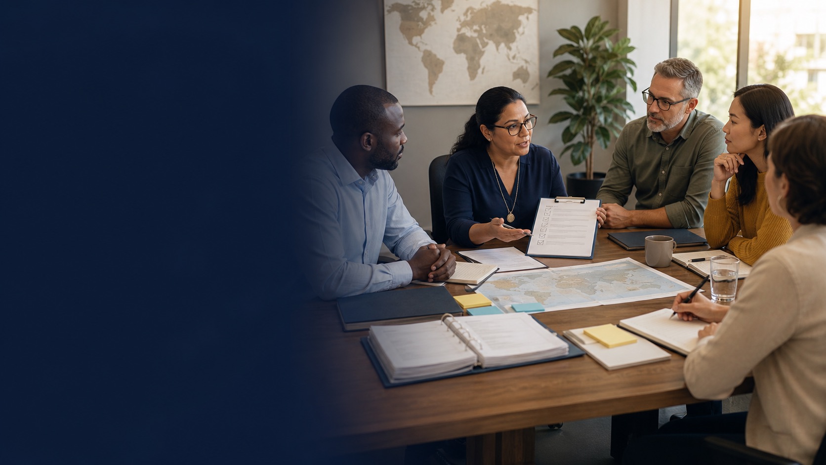 A grant team reviewing donor obligations, evidence, risks, and implementation controls