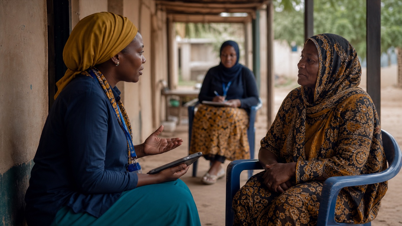 An enumerator holding a respectful consent conversation