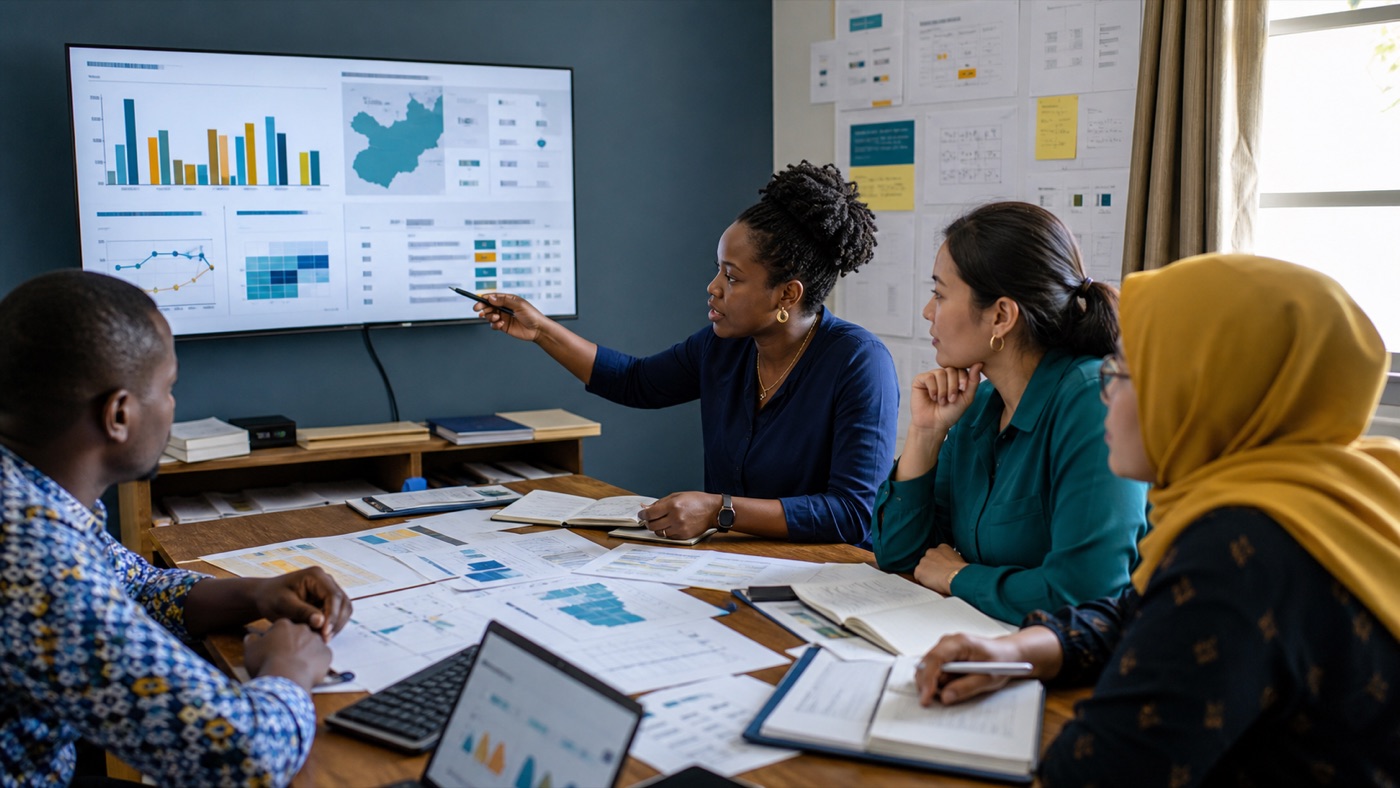 A monitoring team reviewing field data quality